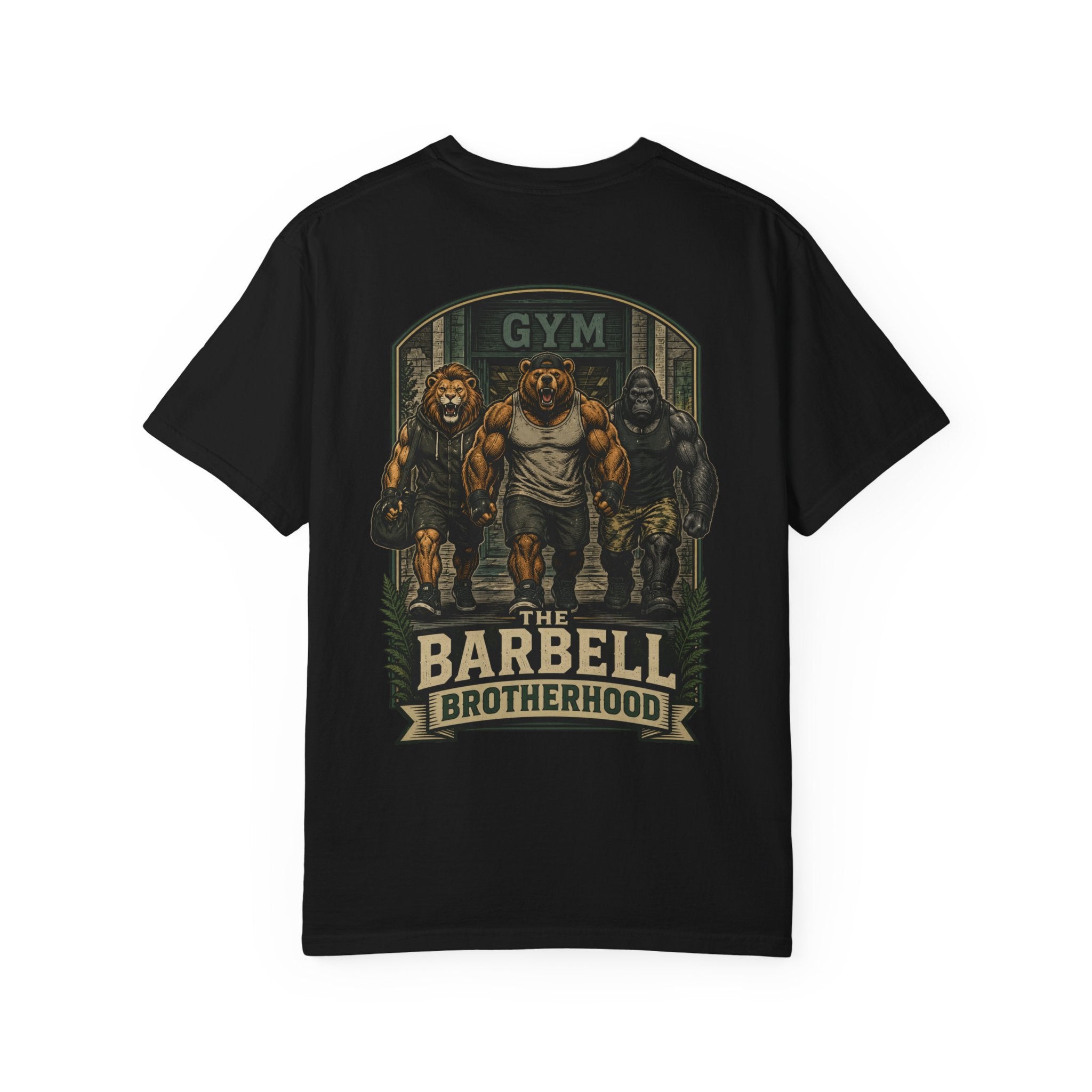 Barbell Brotherhood Weightlifting Tee — Lion, Bear & Gorilla Gym Shirt