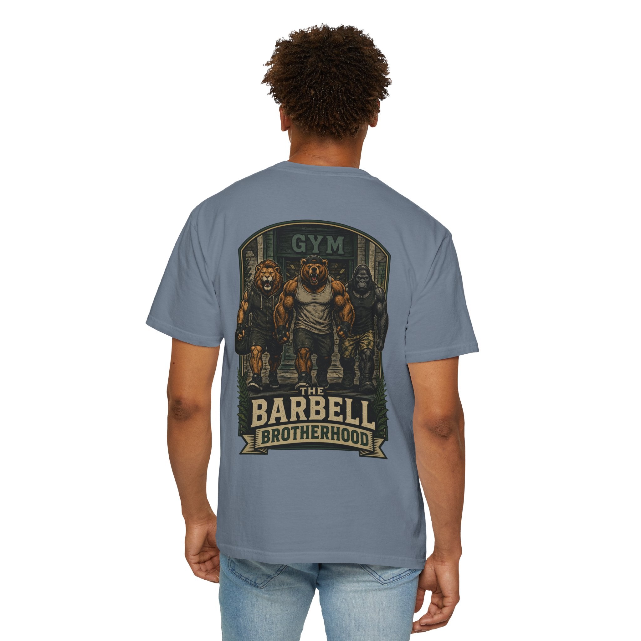 Barbell Brotherhood Weightlifting Tee — Lion, Bear & Gorilla Gym Shirt